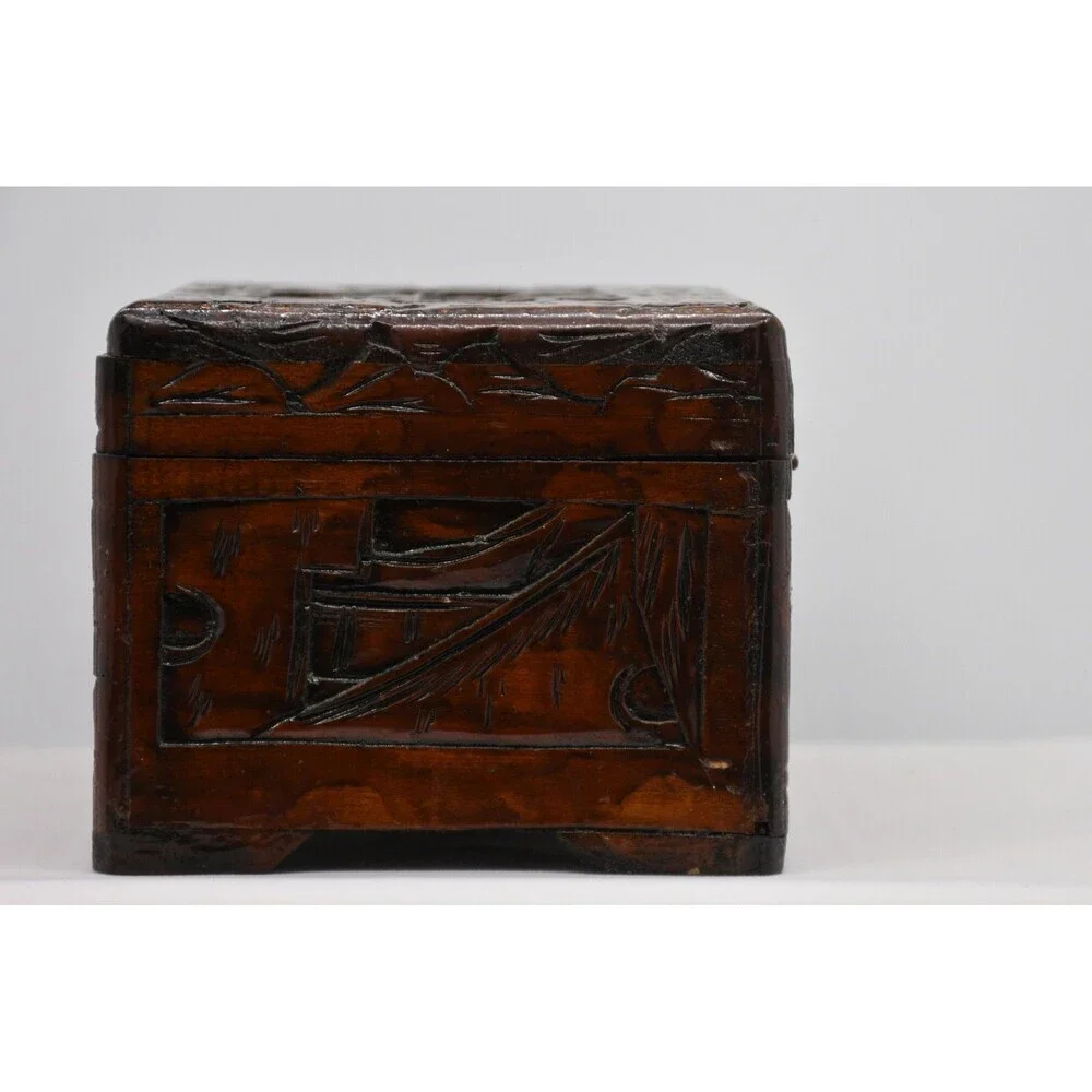 Classic Carved Asian Wooden Box with Red Felt Lining